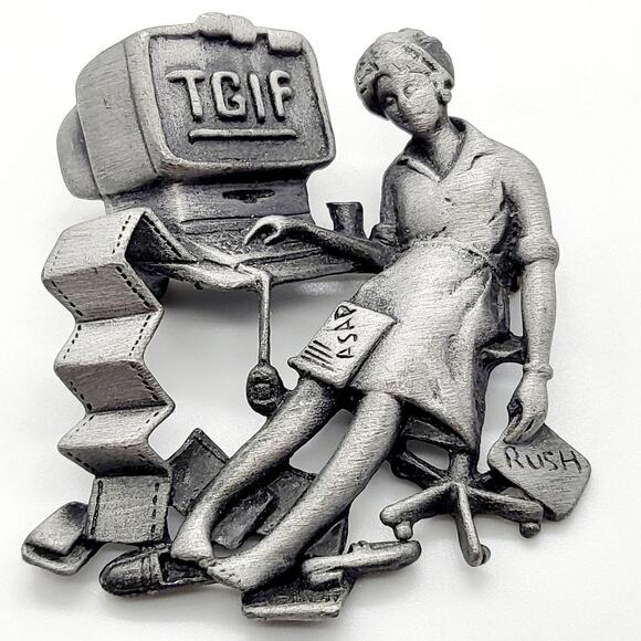 AJC TGIF Funny Work Secretary Assistant Office Pewter Pin Brooch - Picture 1 of 6